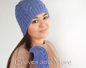 Tricoté SET Bonnet bleu et gants sans doigts Tricoté Bleu Hiver SET Chapeau Chunky Bonnet et Gants Cadeau pour son cadeau de Noël