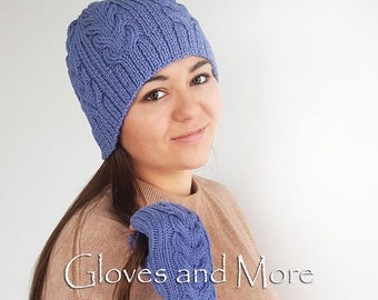 Knitted Blue Beanie and Fingerless Gloves Set: Knit Winter Set