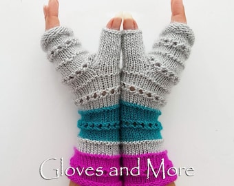 Striped Fingerless Gloves Pink Teal Grey Knitted Hand Warmers Wrist Warmers Striped Gloves Gray Gloves Fall Winter Gloves Gift fot Her