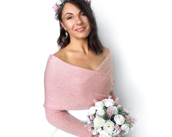 Veste de mariage rose clair, pull de mariage, tenue vestimentaire, veste de mariage, haussement d'épaules tricoté, pull de mariée, écharpe de mariée avec bras