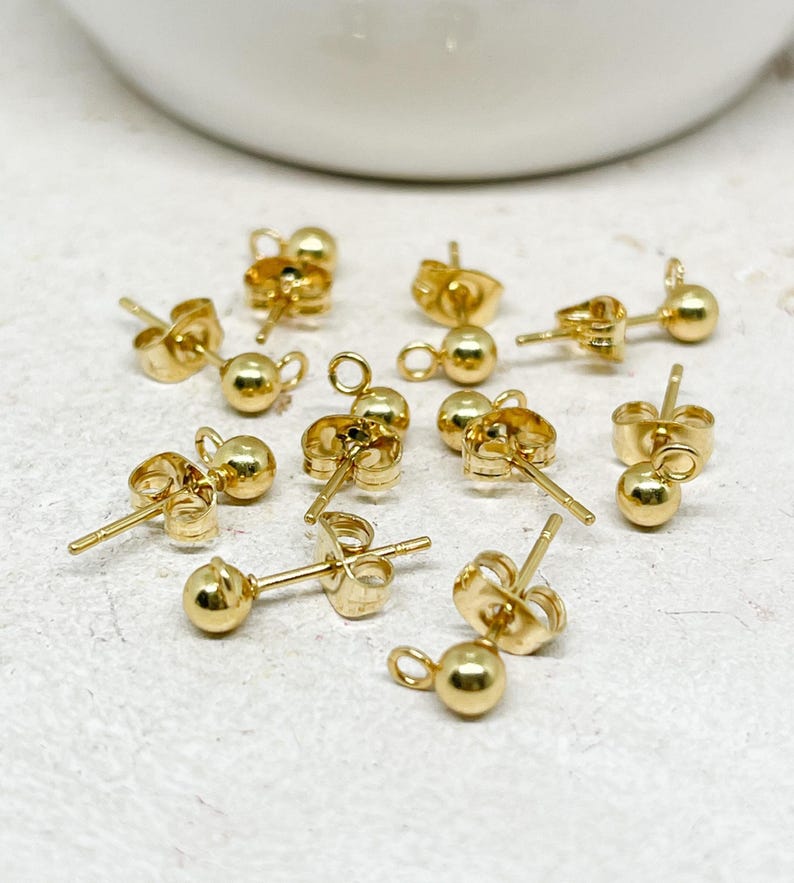 Stainless steel stud earrings with ball, 5 pairs of gold-plated blank stud earrings, DIY earrings image 1
