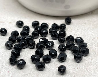 100 Bohemian cut glass beads, 4 mm, black glass beads