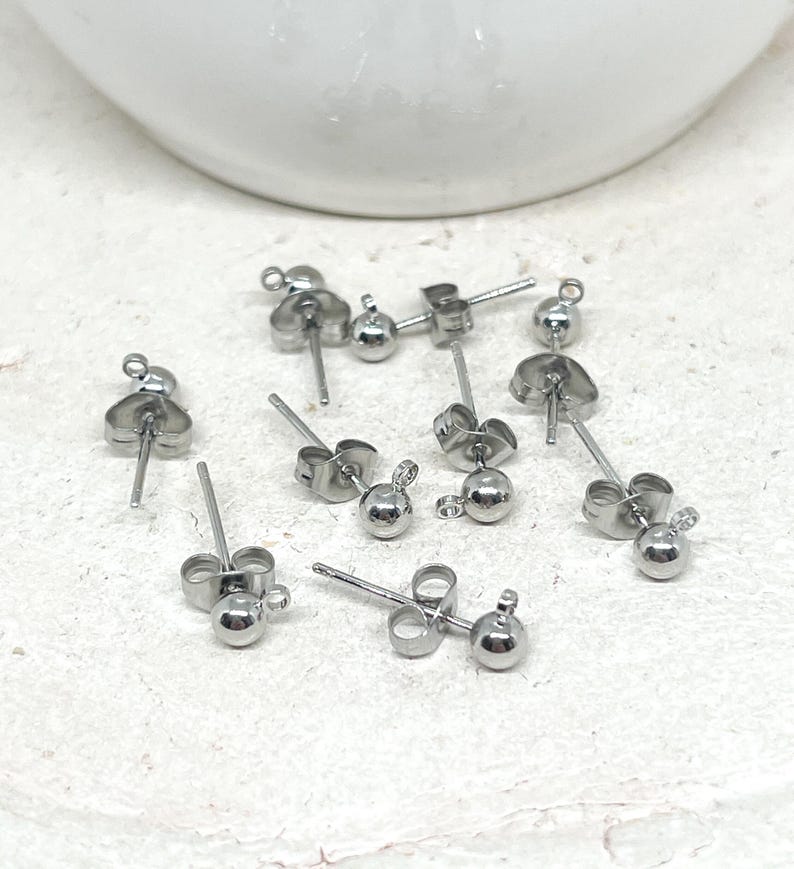 Stainless steel stud earrings with ball, 5 pairs of blank earrings, DIY earrings image 1