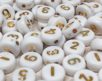 50 St. Zahlen Perlen, Weiße Zahlen, 7mm Perlen 0-9, Acrylzahl Perlen