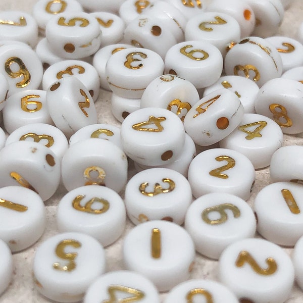 Pack of 50 number beads, white numbers, 7 mm beads 0-9, acrylic number beads