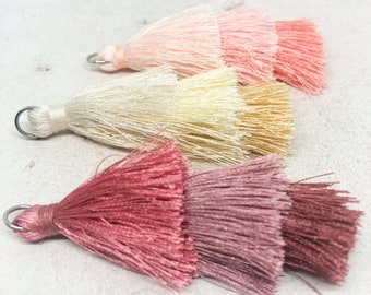 2 St. Quaste, 3 Lagig, 55 mm ~ 63 mm, Tassel, Troddel 3 Lagig, Quaste Rot Pink Rosa, Beige-Gelb,