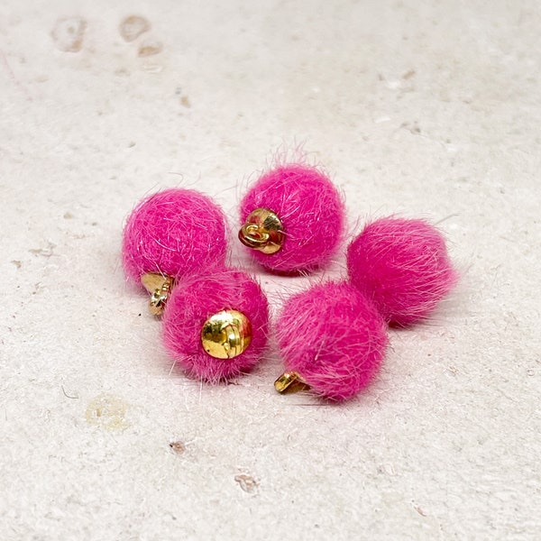 Pompom Anhänger, 5 St. / 10 St. Pompon, Pompons, Öse goldfarben, PomPom pink