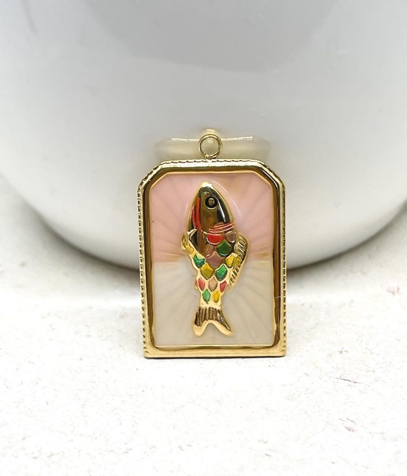 Stainless steel enamel pendant card with fish, IP coating waterproof image 1