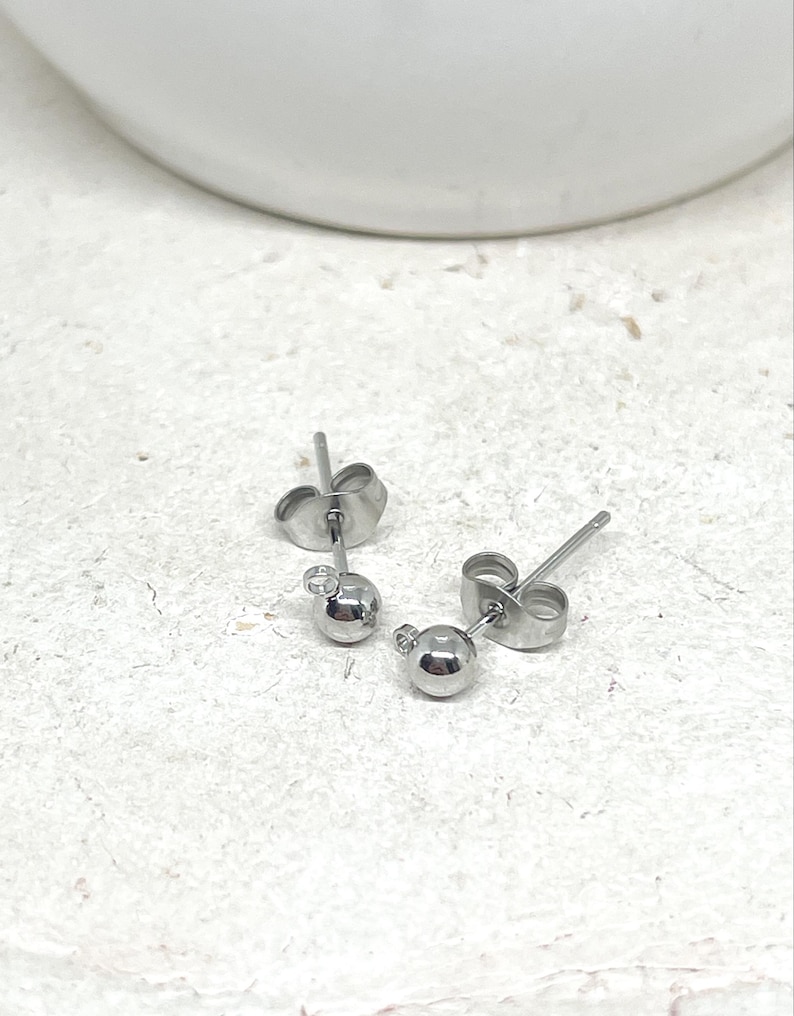 Stainless steel stud earrings with ball, 5 pairs of blank earrings, DIY earrings image 2