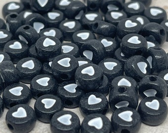 50 pcs. Black acrylic beads with heart, black beads 7 mm, letter beads with heart