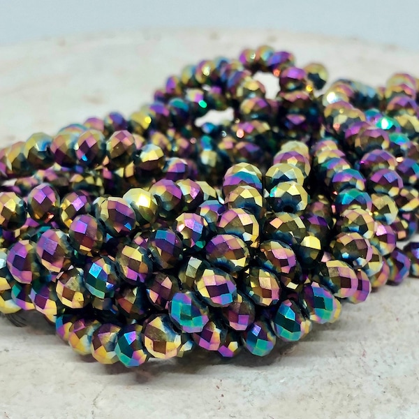 Crystal beads 6 mm 88 pieces, cut glass beads purple iridescent No. 06, faceted beads