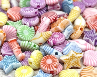 Acrylic beads, sea creatures, assorted colors, small shell, starfish motif