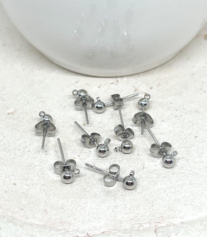 Stainless steel stud earrings with ball, 5 pairs of blank earrings, DIY earrings image 3