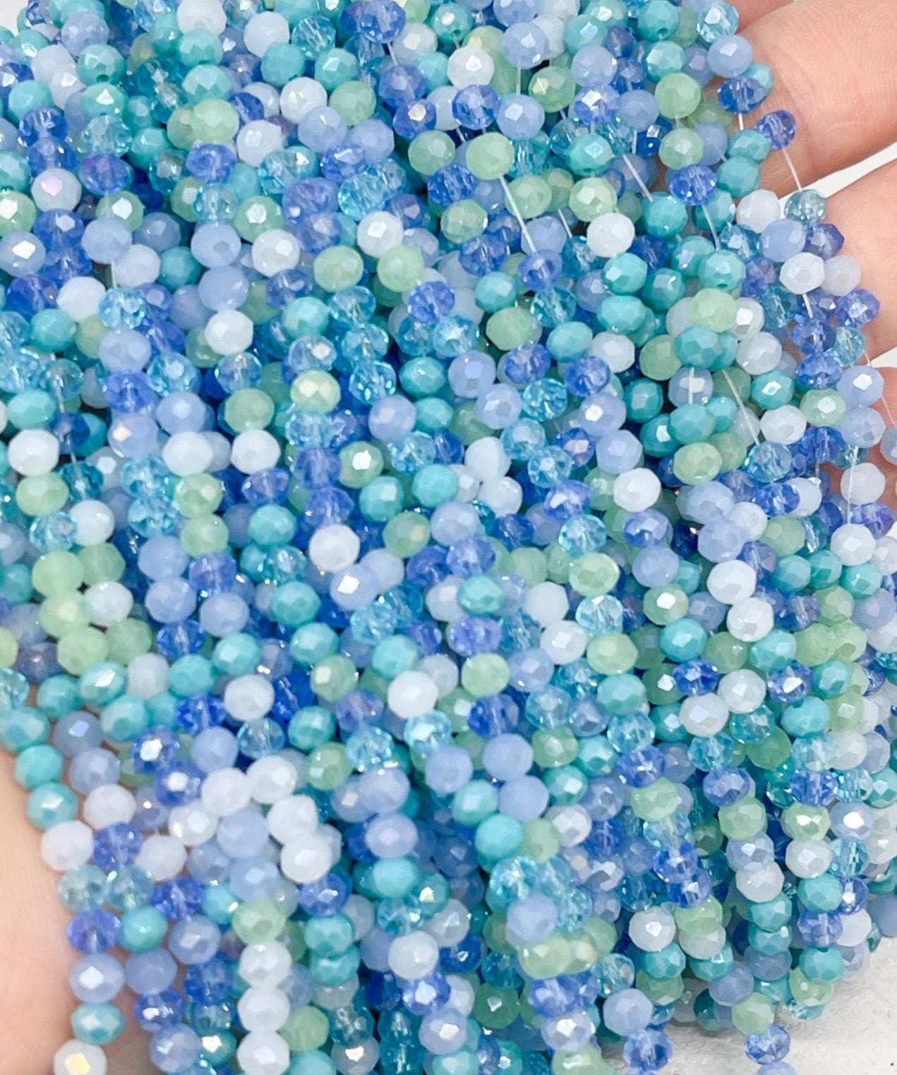 One strand of glass beads, crystal beads blue colored, jewelry making, glass beads blue