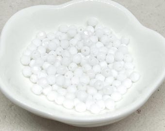 100 Bohemian cut glass beads, 4 mm white opaque glass beads, white beads 4 mm