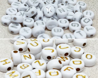 Pack of 100 letter beads, white letters 7 mm letter beads white-gold, letter beads white-silver