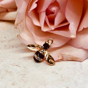 Bee pendant, enamel pendant with cubic zirconia, gold-plated brass