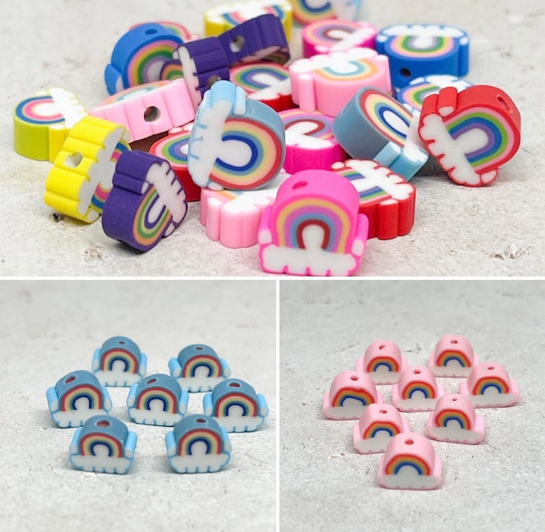 K&ouml;nnte beinhalten: Sortiment an bunten Regenbogen-Wolken-Perlen aus Polymer Clay mit einem Loch zum Auf f&auml;deln. Die Perlen sind in verschiedenen Farben, darunter rosa, blau, gelb, rot und lila.