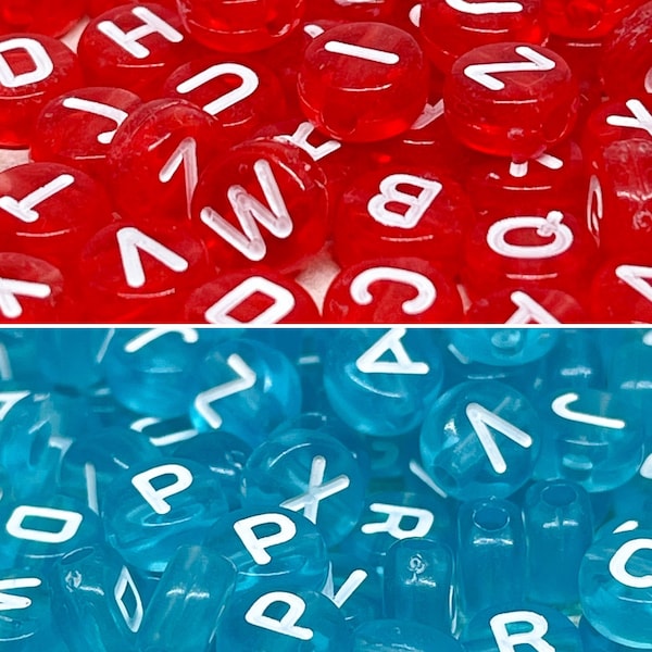 100 St. Buchstabenperlen, Rote. Blaue Buchstaben 7 mm, Alphabet Perlen