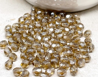 100 St. Böhmische Glasschliffperlen 4mm, Luster Smoky Topaz 4mm
