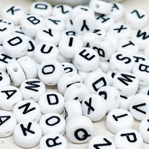 Pack of 100 letter beads, white letters 7 mm letter beads