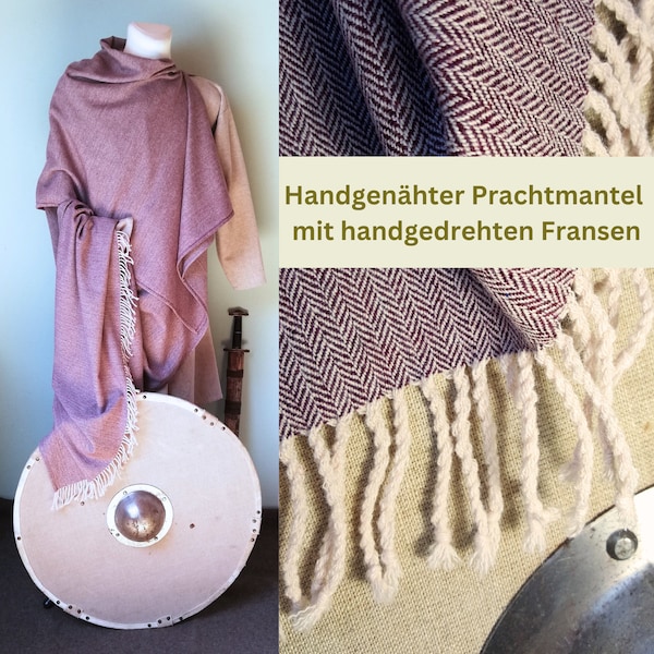 Rechteckmantel oder Prachtmantel, handgenäht mit handgedrehten Fransen. Für Reenactment, Living History und Larp