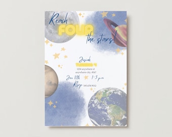 Reach four the stars invitation template, 4th birthday, space birthday