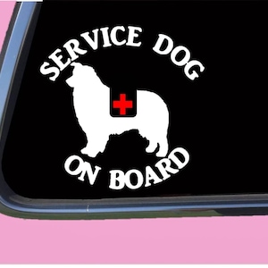 May include: White silhouette of a dog with a red cross on its back, with the text "SERVICE DOG ON BOARD" in a black circle.