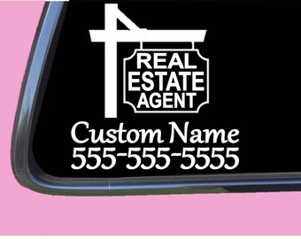May include: White vinyl decal of a real estate sign with the text "REAL ESTATE AGENT" and space for a custom name and phone number. The decal is on a black background.