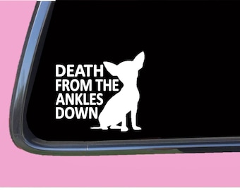 May include: White silhouette of a chihuahua with the text "Death from the ankles down" on a black background.