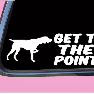 Peut inclure: Une silhouette blanche d'un chien pointant, avec le texte "Get to the Point!" en blanc sur fond noir.