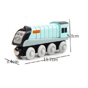 Könnte beinhalten: Ein blauer und schwarzer hölzerner Spielzeug-Zugmotor mit dem Namen "Spencer" auf der Seite. Der Zug ist 13,5 cm hoch, 29,7 cm lang und 8,6 cm breit.