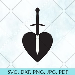 May include: A black heart with a white dagger piercing through it. The dagger has a cross-shaped handle.