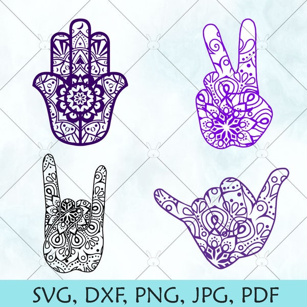 Hamsa Mandala SVG / Yoga hand cut file / Peace Mandala Silhouette / Rock / Hang ten package PNG / SVG Files for Cricut Silhouette Brother