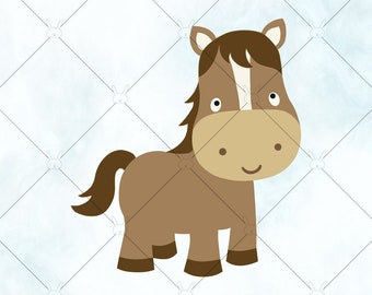 May include: A brown cartoon horse with a white stripe on its face. The horse has a brown mane and tail and is standing on a white background.