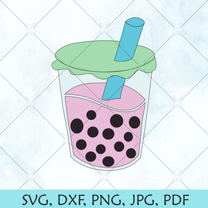 May include: A green and pink bubble tea with black tapioca pearls and a blue straw. The drink is in a clear plastic cup with a green lid.