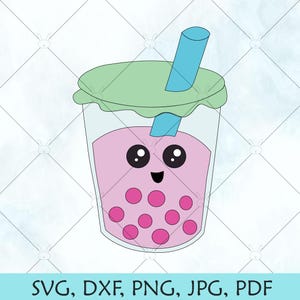 May include: A cartoon illustration of a pink bubble tea with a green lid and a blue straw. The bubble tea has a cute face with big eyes and a smile. There are pink boba pearls inside the tea.
