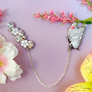 Butterfly & Peach Blossoms Hard Enamel Collar Pins