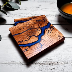 Set of Two Blue Handmade Oak Lichtenberg Figure Coasters, Wood Anniversary Gift, Unique Gifts For Her