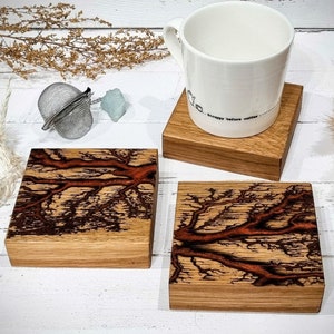 Polished Copper Oak Coaster Set, 7th Anniversary Gift, Handmade Lichtenberg Figure Desk Decor
