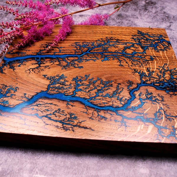 Custom Lichtenberg Figure Oak Home Decor, Cutting Boards, Coasters, Wall Art, Cheese Board, House Warming Gift, Blue Kitchen Decor