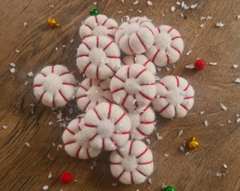 5 x Christmas Peppermint Candy decorations, felted peppermint pompoms,DIY projects. Home decoration, red and white 4cm, Christmas garland
