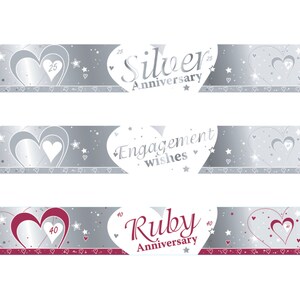 May include: Three silver banners with heart and star designs. The top banner reads "Silver Anniversary" with the number 25. The middle banner says "Engagement wishes". The bottom banner reads "Ruby Anniversary" with the number 40.