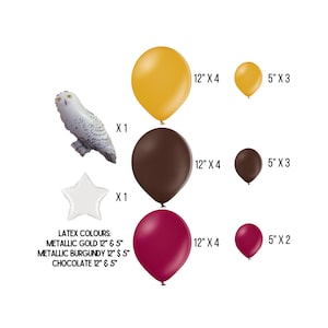Può includere: Un assortimento di palloncini in oro metallizzato, cioccolato e bordeaux, con una stella bianca e un palloncino a forma di gufo delle nevi. I palloncini misurano 30 cm e 13 cm. L'immagine include il testo: "COLORI LATEX: ORO METALLICO 12" & 5", BORDEAUX METALLICO 12" & 5", CIOCCOLATO 12" & 5""