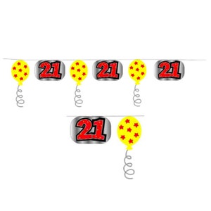 May include: A yellow and red 21st birthday party banner with balloons and the number 21 printed on each balloon.