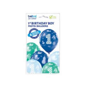 ラテックス印刷済みブルー 1 歳の誕生日デザイン | 12 インチ | 6 個パック、パーティー バルーン、1 歳の誕生日、ボトル、ダミー