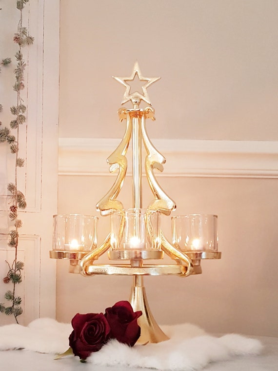Hängender Adventskranz - Weihnachtsbaum - Aluminium gold - Höhe 57 cm