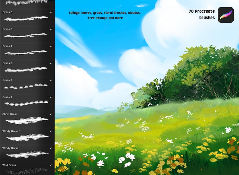 Anime Procreate Brushes, Ghibli, Makoto Shinkai, Grass, Clouds, Nature Brushes, Procreate Landscape, Procreate Brush, procreate stamp image 4