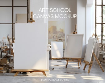 Art School Canvas mockup, poster mockup, easel mockup, art gallery mockup, poster mockup, photoshop mockup, psd room mockup