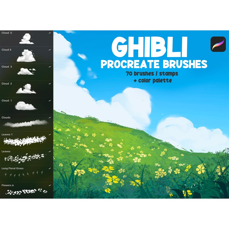 Anime Procreate Brushes, Ghibli, Makoto Shinkai, Grass, Clouds, Nature Brushes, Procreate Landscape, Procreate Brush, procreate stamp image 1